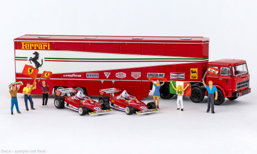 Fiat 691 T Renntransport-SZ Set, Ferrari mit 2 Ferrari 312 T2 F1 und 6 Figuren